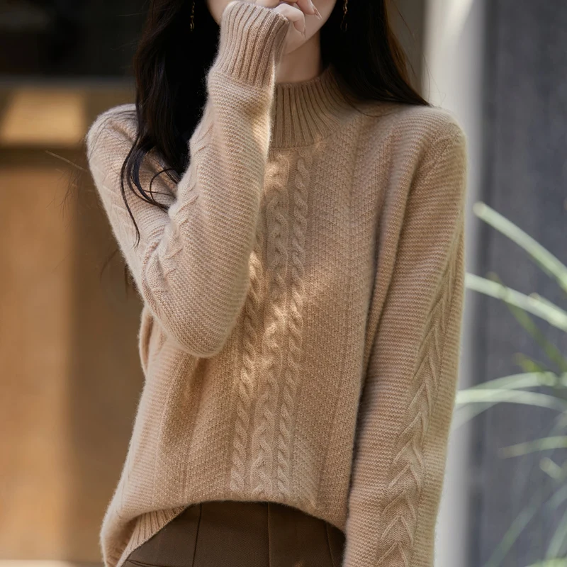 Autumn and Winter New Women's Half High Collar Pullover Shirt 100% Wool Cashmere Sweater Knitted Solid Color Loose Soft Top