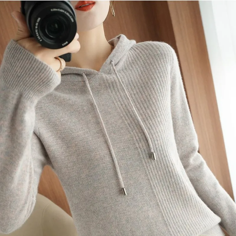 

Qingdao Sle Women's Knitted Woolen Hoodie Base Layer irt Sweatirt Loose Fit Long Sve T-irt Korean Commute Sle