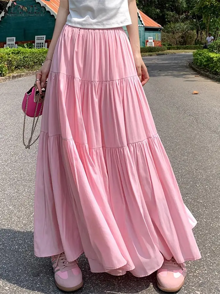 

ZANZEA Women Casual Loose Long Jupes Holiday Ruffled Tiered Elastic Waist Korean Fashion A-line Faldas Solid Color Maxi Skirts