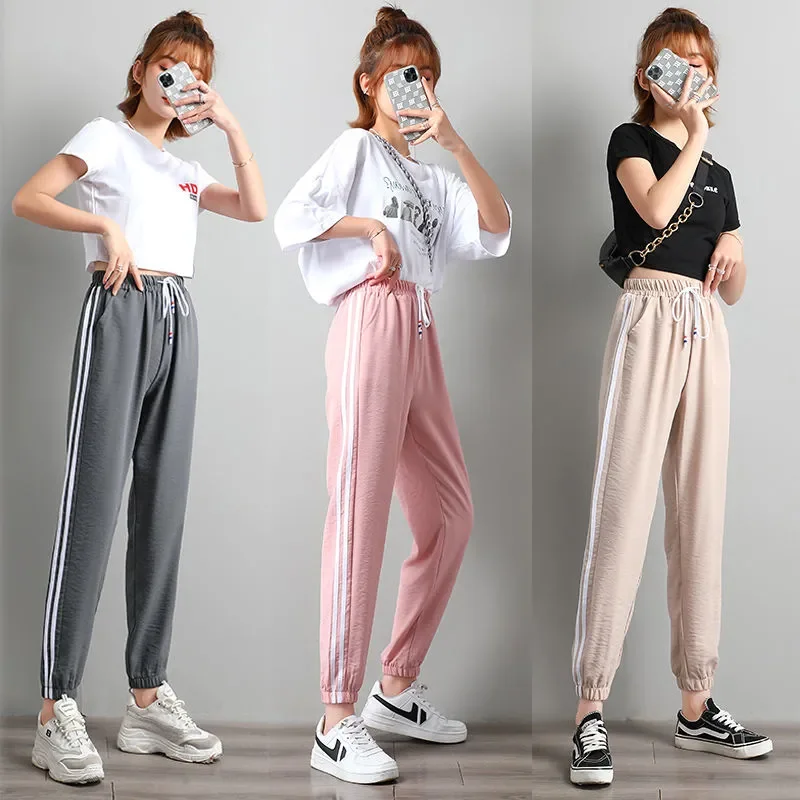 Women's Stripe Sports Pants Spring Summer New Korean Harajuku BF Style Thin Loose Super Popular INS Cuffed Pants High Waist