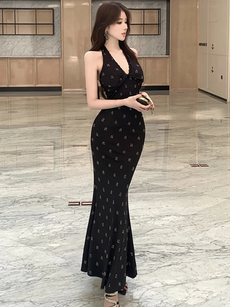 

2026 Black Diamonds Chic Lace Neck-mounted Long Dress Summer Korean Vintage Party Dress Women Elegant Luxury Festival Prom Dress