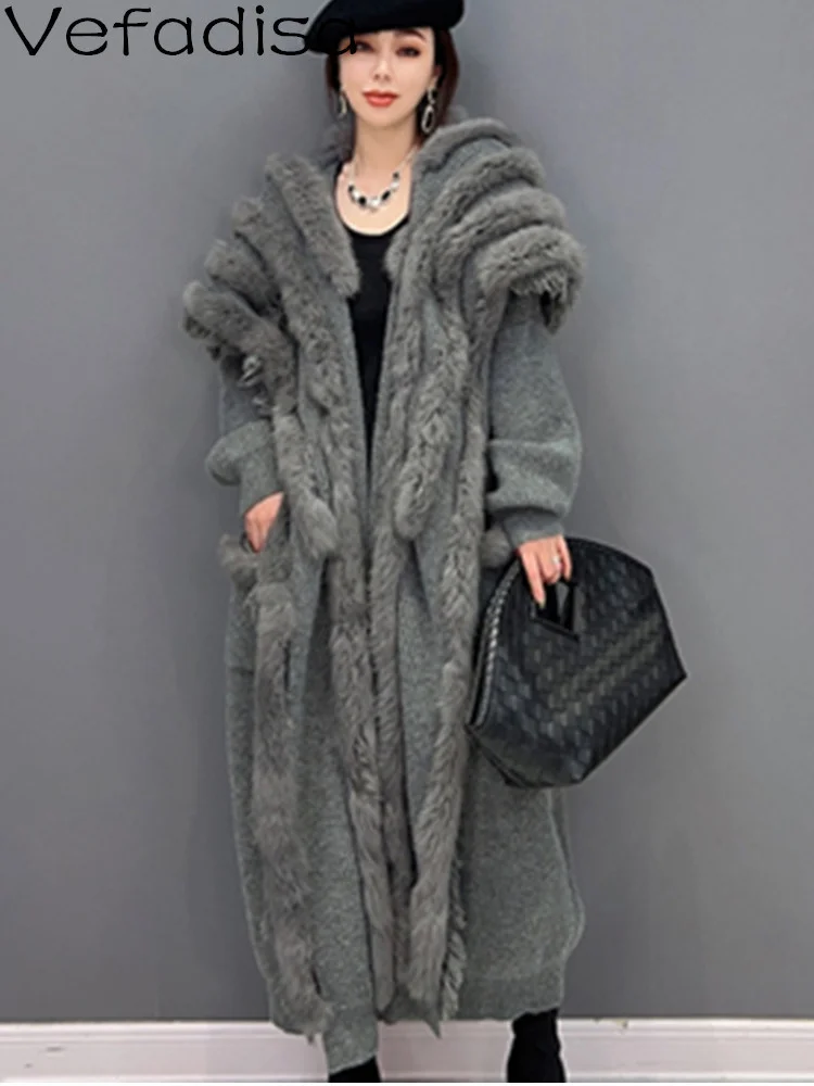 Vefadisa 2024 Winter Large Fur Collar Cardigan Coat Loose Mid-length Solid Color Thickening Plush Knitting Coat Women\'s LHX3822