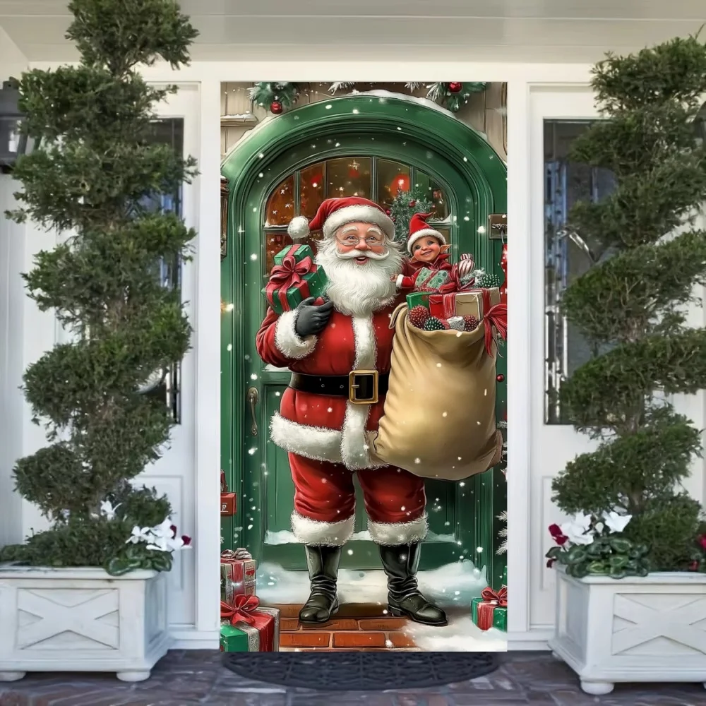 Christmas Door Cover Decorations Santa Claus and Puppy Background Banner for Indoor Outdoor Home Porch Holiday Decor Supplies