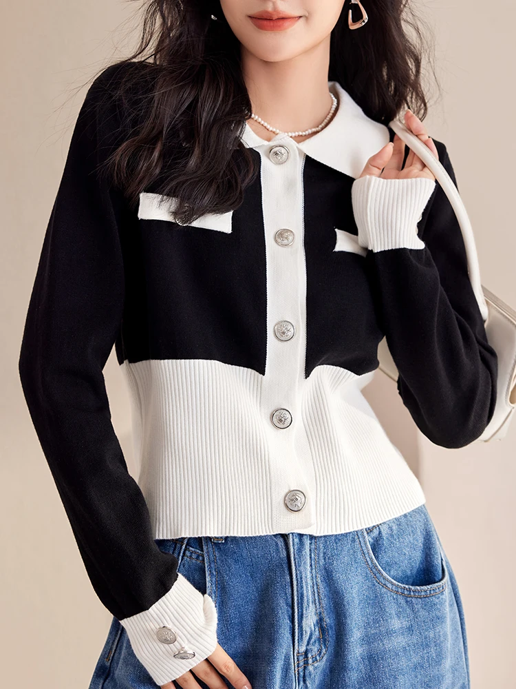 Korean Fashion Patchwork Black White Stretch Sweater Women Winter Fall New Long Sleeve Single-Breasted Casual Knit Tops Cardigan