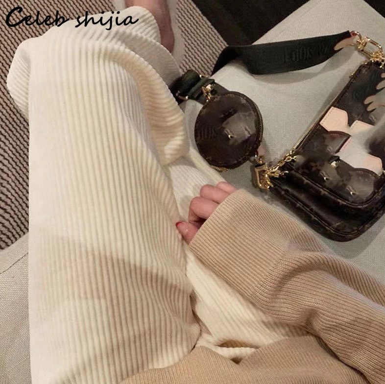 

Autumn Beige Corduroy Straight Pants Women Elastic Waist Winter New Elegant Pants Women Bottoms Streetwear Harajuku Trousers