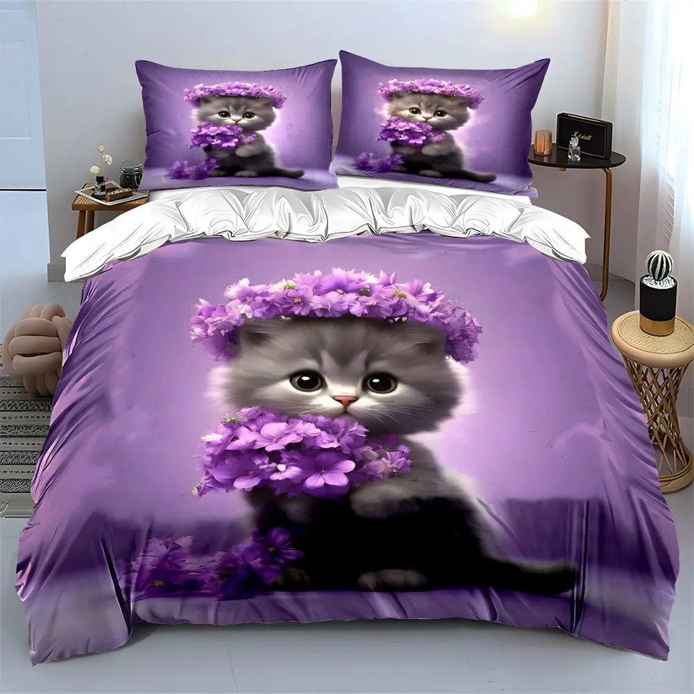 Cat adorned with purple flowers Print Bedding Set 1 Duvet Cover 2 Pillowcases for Adult and Children Luxury Gift Full Size 3