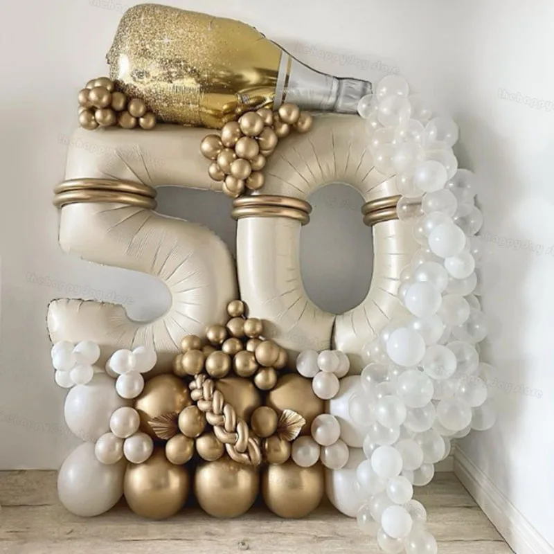 130Pcs Cream Sand White Gold Number Balloons Set 40inch Number Foil Balloons for Happy 20 30 40 50th Birthday Party Decorations