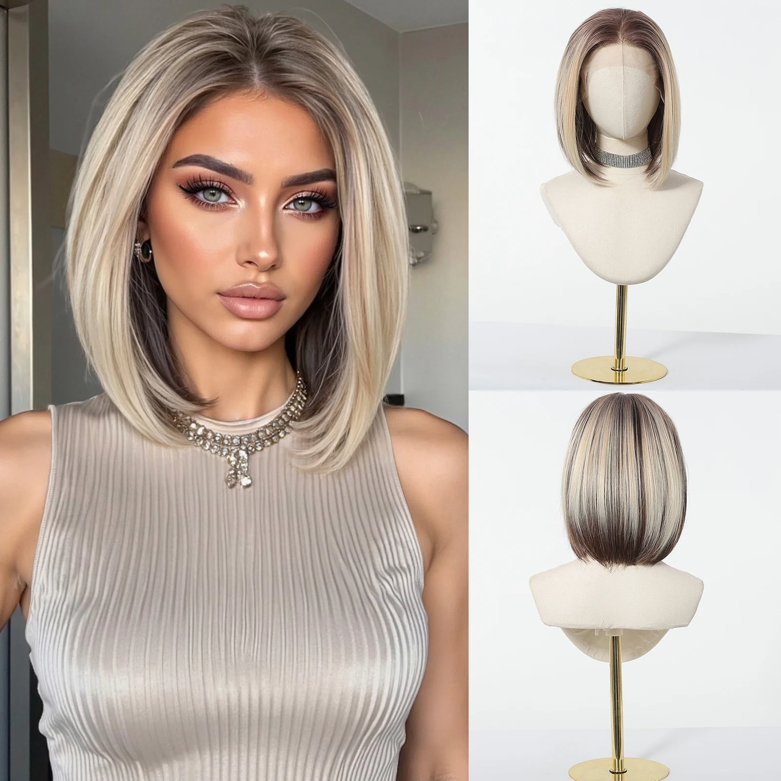 HAIRCUBE 13*6 HD Transparent Lace Front Wigs Natural Hairline Blonde Mixed Short Straight Synthetic Wigs For Women Daily Party