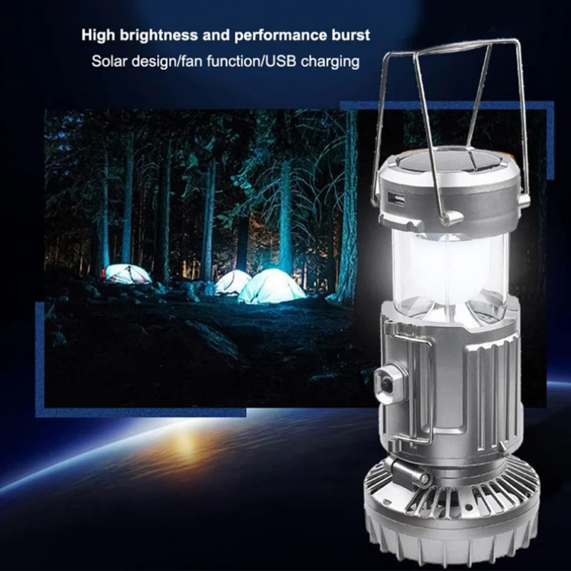 LED Solar Camping Lights Portable with Fan Solar Charge Rechargeable Night Light Hanging Tent Fish Flashlight Multifunction Lamp