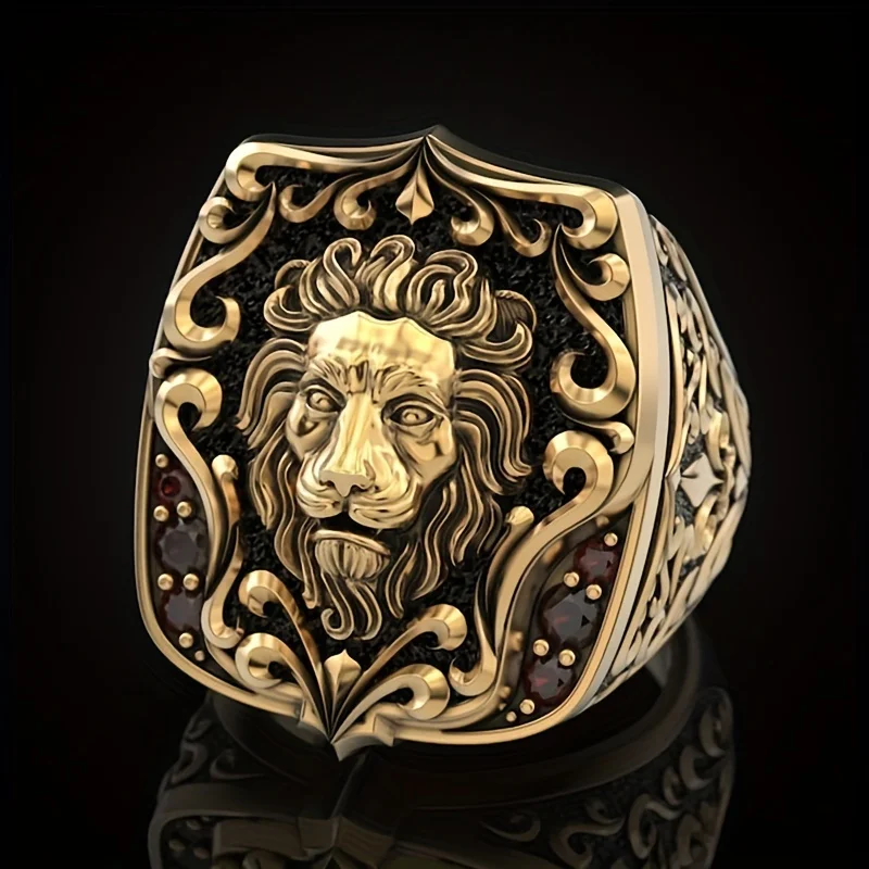 Luxury 14K Gold Plated Engraved Lion Rings for Men Red Zircon Stone Wide Version Rock Punk Domineering Ring Retro Finger Jewelry