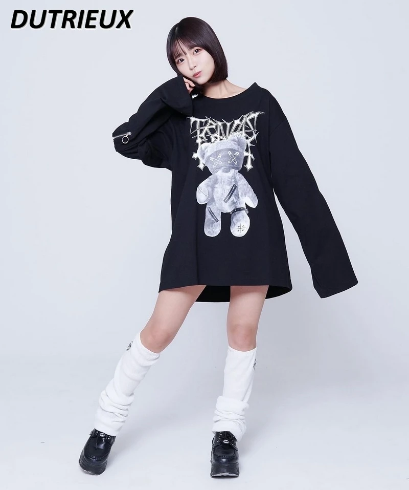 Japanese Harajuku Mine Y2k Round Neck Tops for Women Metal Font Punk Cartoon Print Off-Shoulder Long Sleeve T-shirt Dress