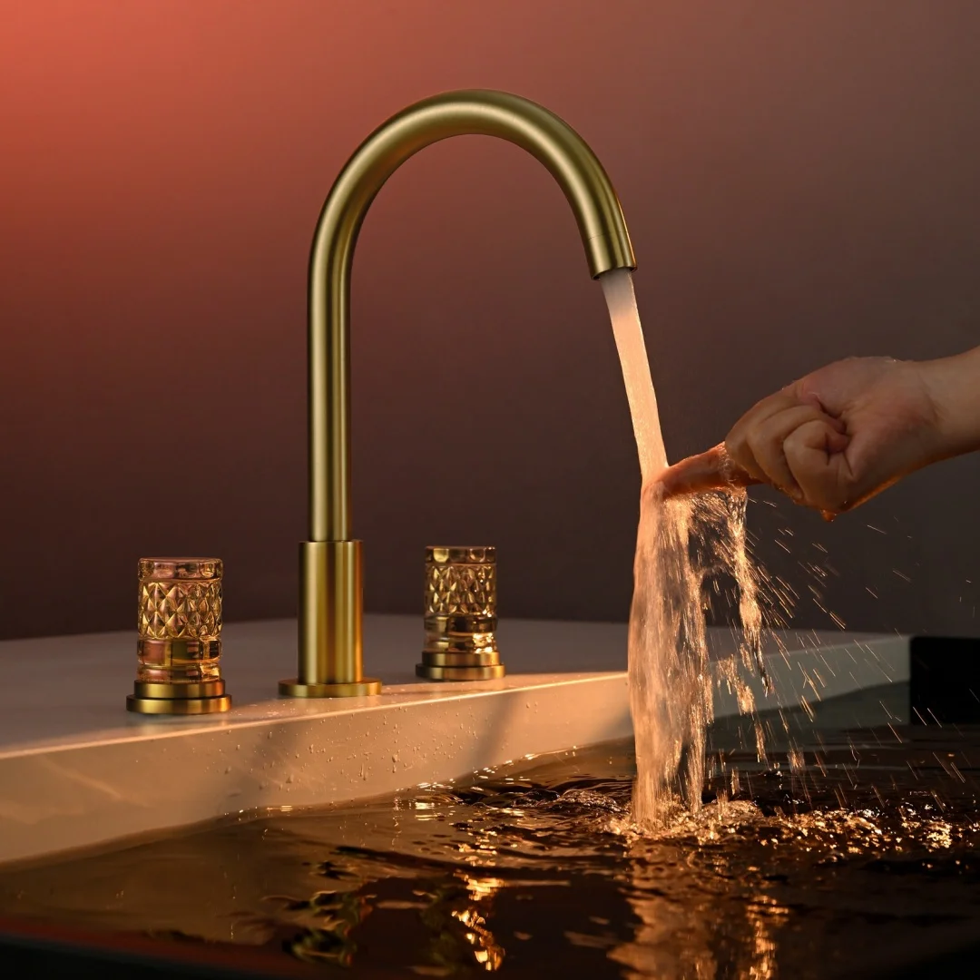 Tuqiu Basin Faucet Brass Brushed Gold Widespread Bathroom Faucet Gray Sink Faucet 3 Hole Hot And Cold Chrome Water Faucet Tap