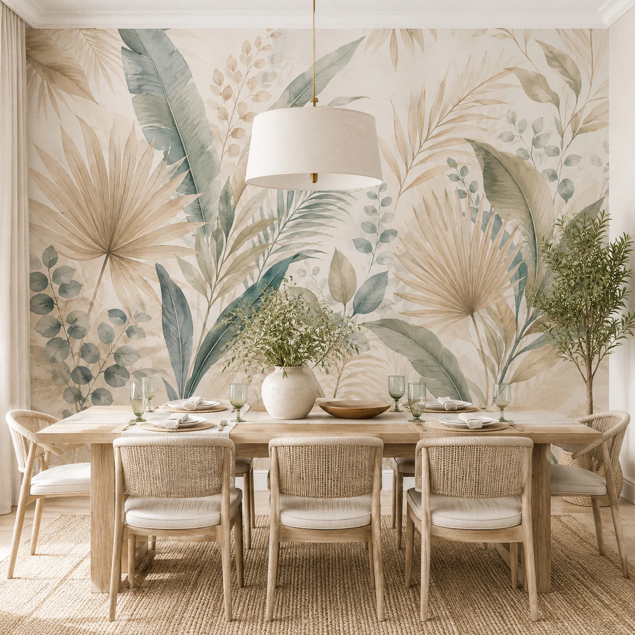 Neutral Tropical Botanical Self Adhesive Wallpaper Beige Green Leaf Wall Mural Peel and Stick Dining Room Living Room Home Decor