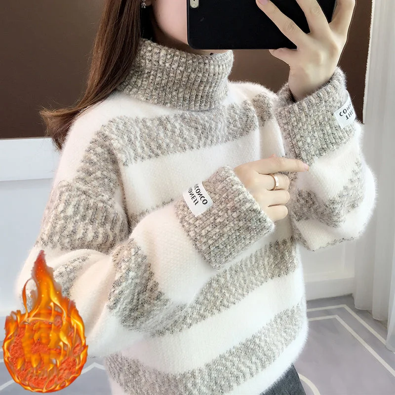 High Collar Stripe Thickened Sweater Women's 2023 Autumn/Winter New Korean Version Fashion Loose Lazy Style Panel Warm Top