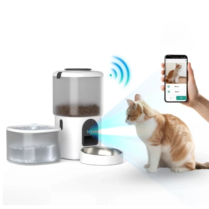Automatic WiFi camera pet feeder, round plastic bowl, rechargeable battery, LCD display, set fresh/dry food timer.