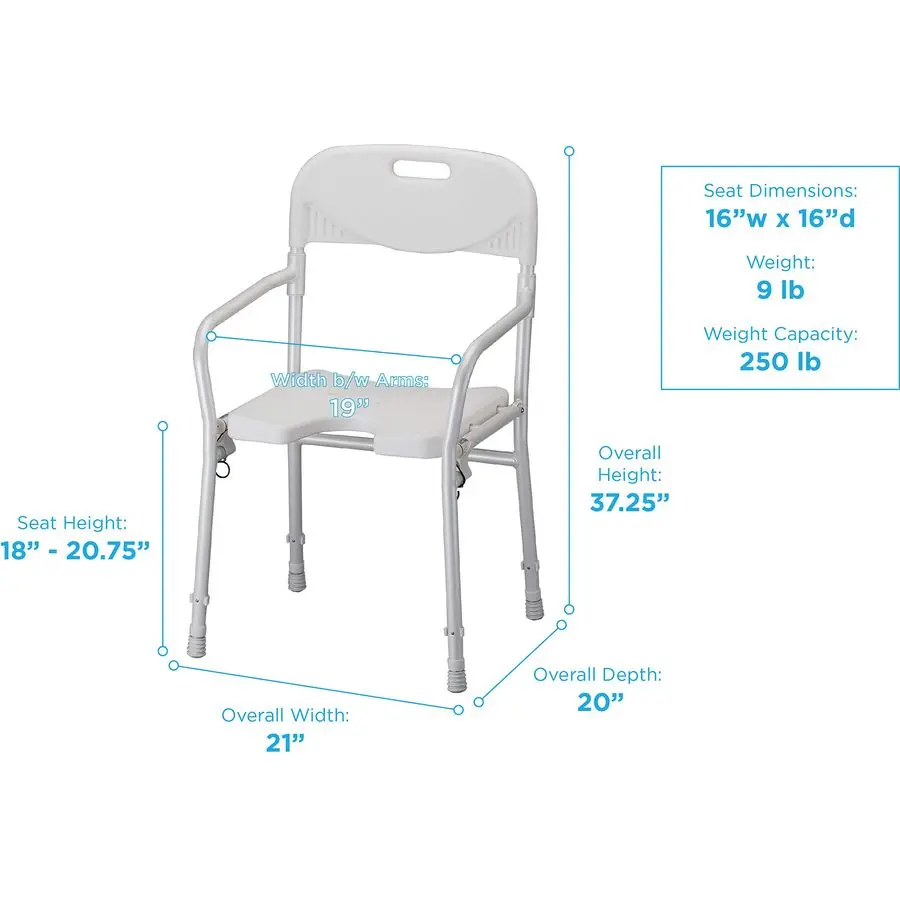 의료용품 접이식 목욕 및 샤워 의자, 팔걸이와 등받이 포함, 위생적인 세척을 위한 U자형 전면 디자인, 좌석 높이 조절 가능