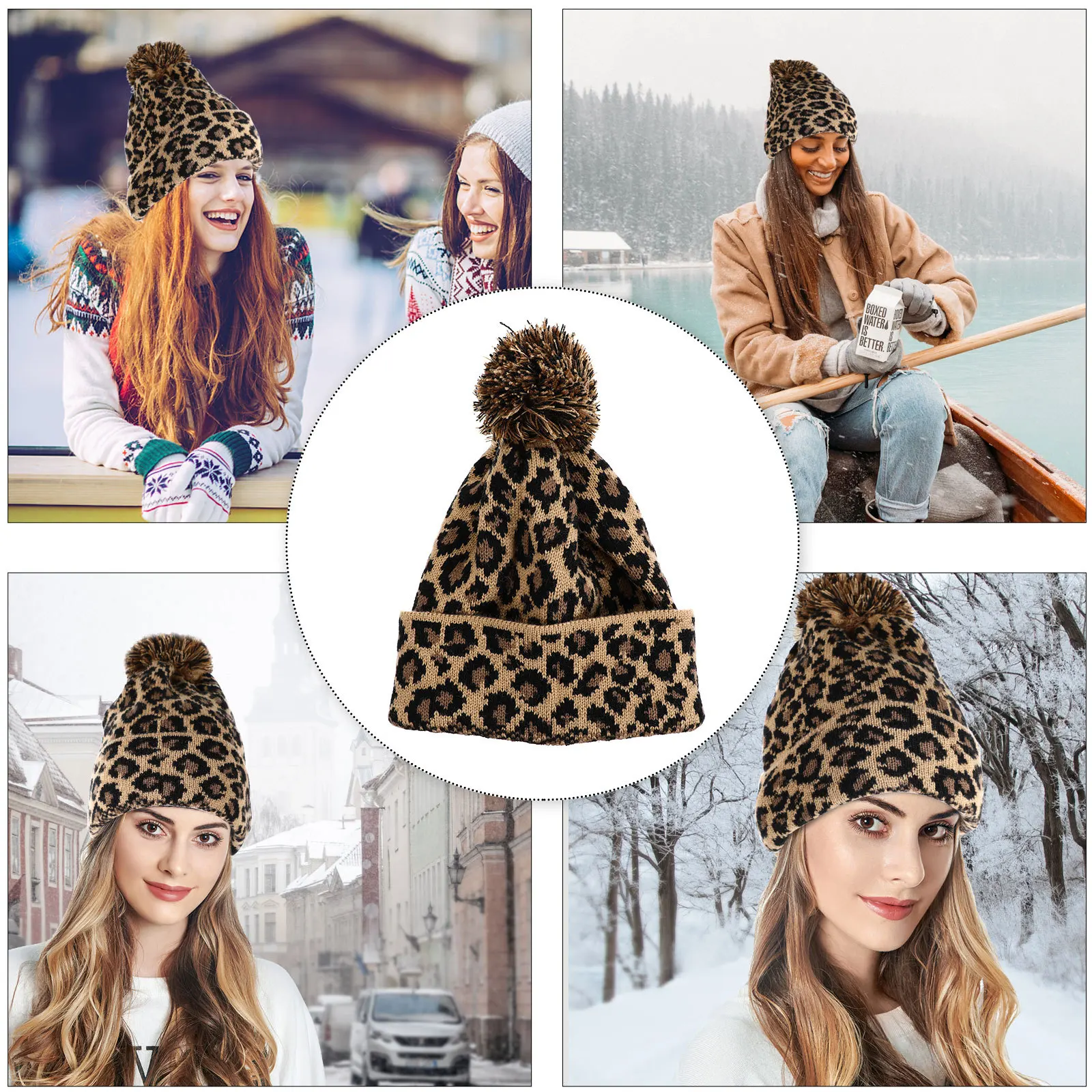 

Hat For Knitting Wool Hat Women Leopard Print Knitted Woolen Beanie Soft Winter Autumn Ear Cover Cap Pink