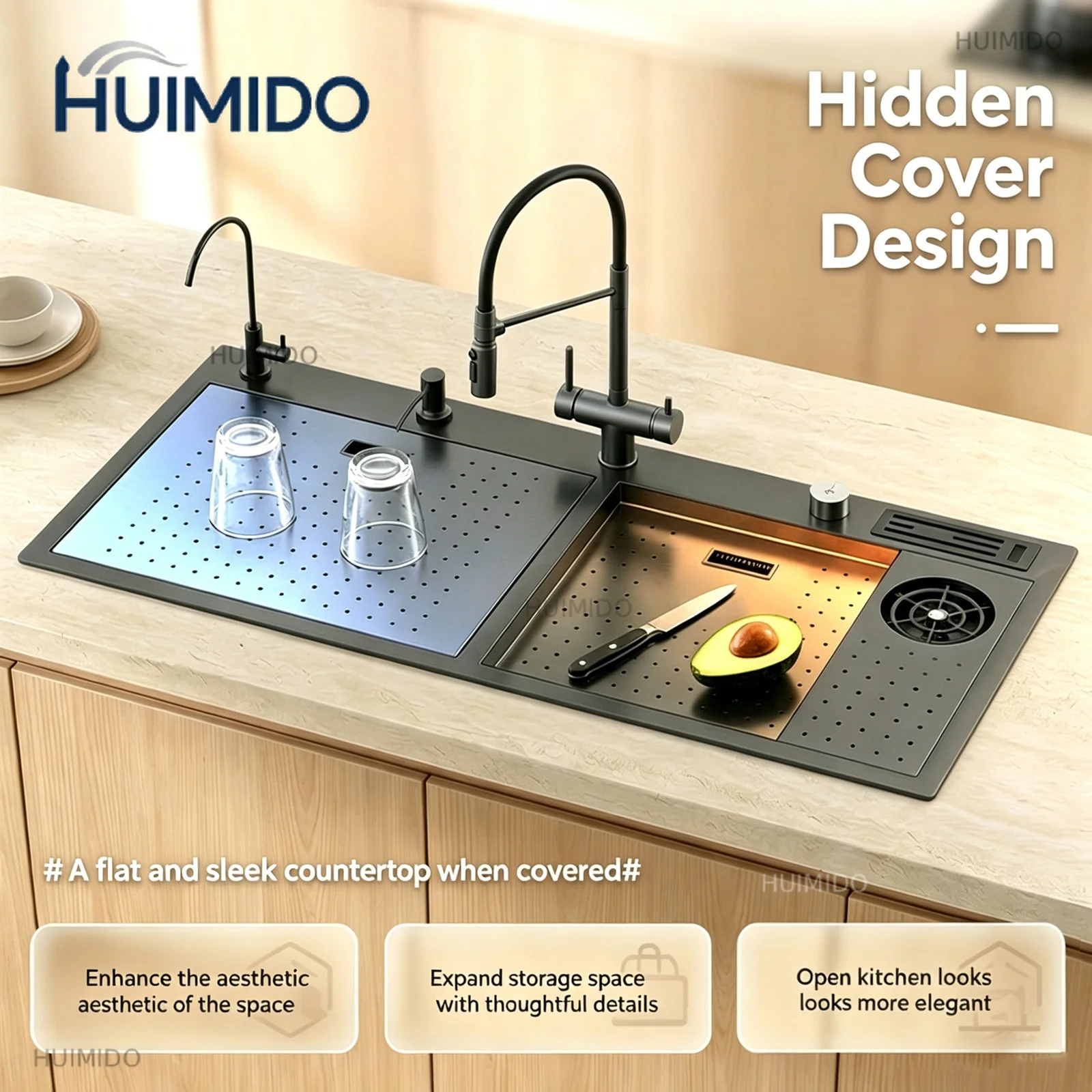 Modern Hidden Cup Washer Stainless Steel Kitchen Sink Milk Tea and Coffee Bar Double Bowl Waterfall Multifunctional Sinks