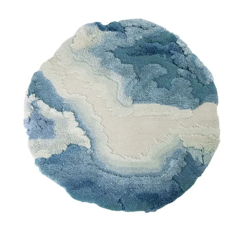 

Blue Round Wool Living Room Carpets Handmade Modern Round Bedroom Rugs Soft Hallway Area Floor Mats Study Cloakroom Large Rug