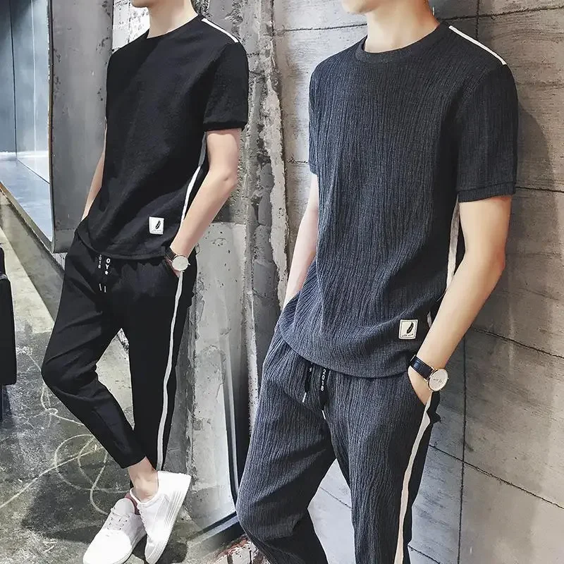 Sports Suits Black Male T Shirt Trousers Sets Oversized Men's Pants Set Outfits New in Matching Two Piece Korean Style 2024 Tee