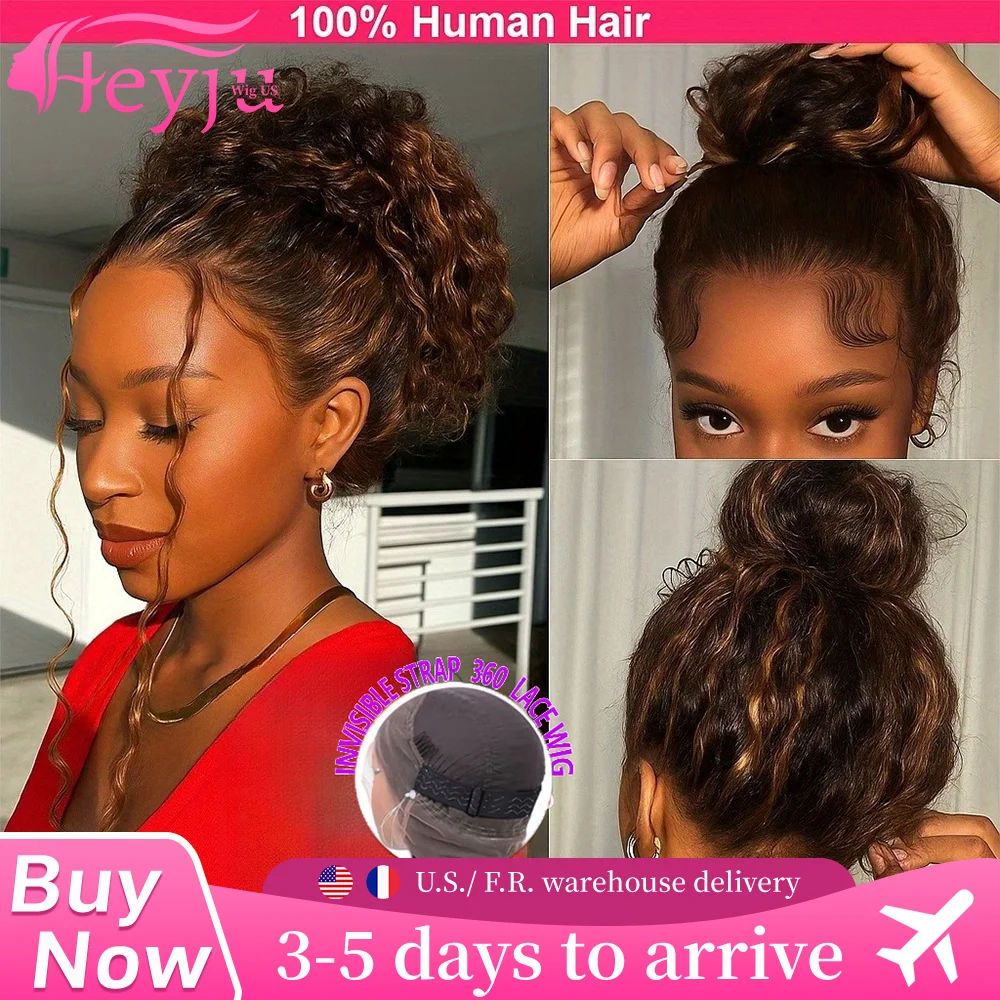 

Heyju Невидимый ремешок 360, полный кружевной передний парик с волнистыми волосами, светлый блондин, глубокая волна, фронтальный парик, бесклеевые вьющиеся парики, человеческие волосы