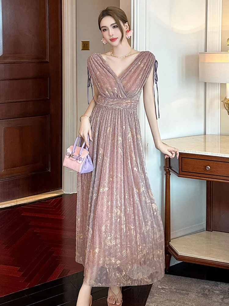 Französisch Elegante Helle Seide Abendkleid Frauen Kleidung Süße Sexy Falten Backless Plissee Robe Weibliche Party Dance Vestidos Fiesta