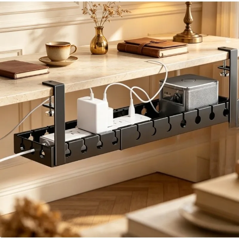 Cable Management Box No-Drill Under Desk Power Strip Holder Organizer Rack with Adhesive, Server Rack Wire Manager Tidy Kit