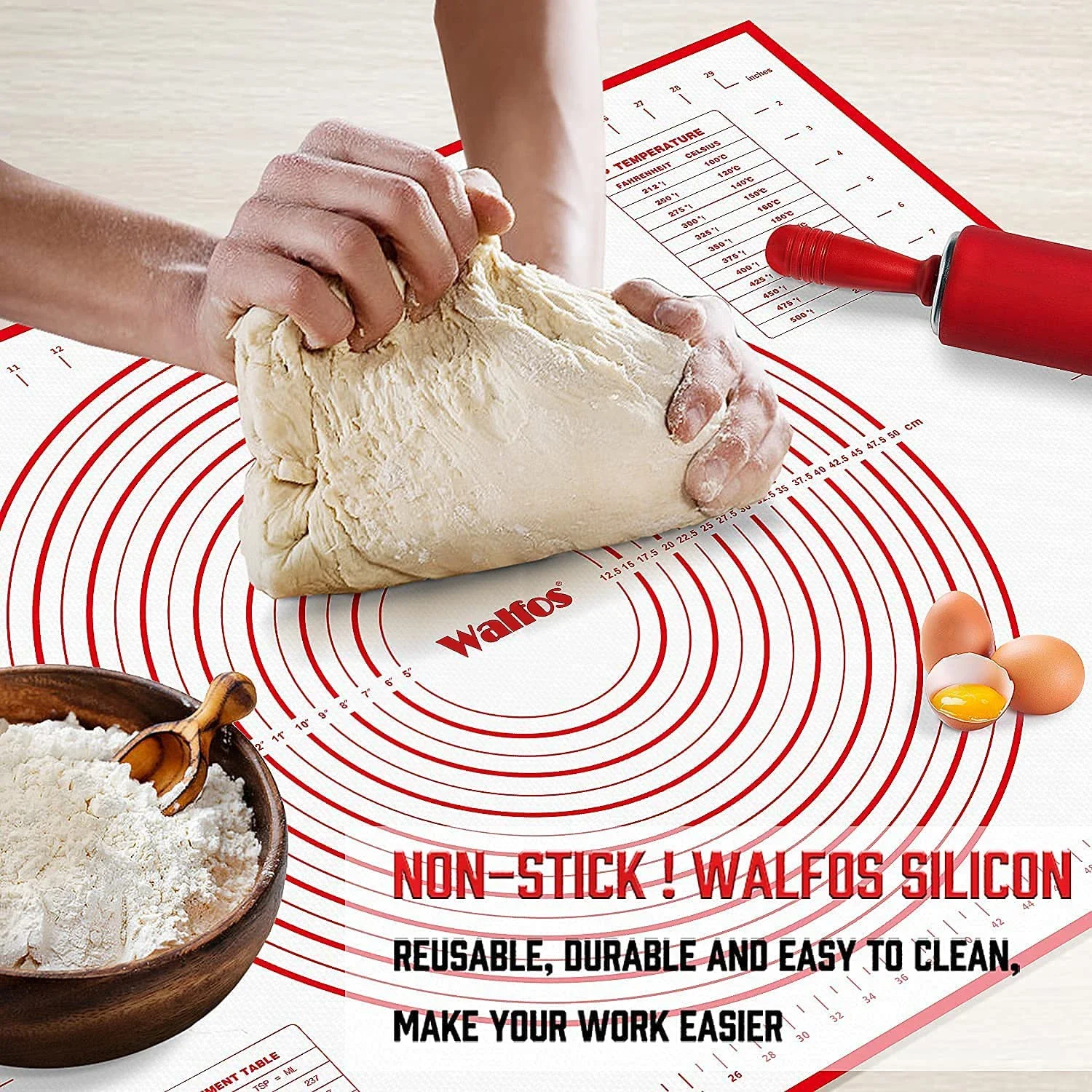 WALFOS Nonstick Kneading Mat with Measuring Silicone Baking Mat Pizza Cake Dough Mat Kitchen Cooking Tools Baking Pan Table Mat