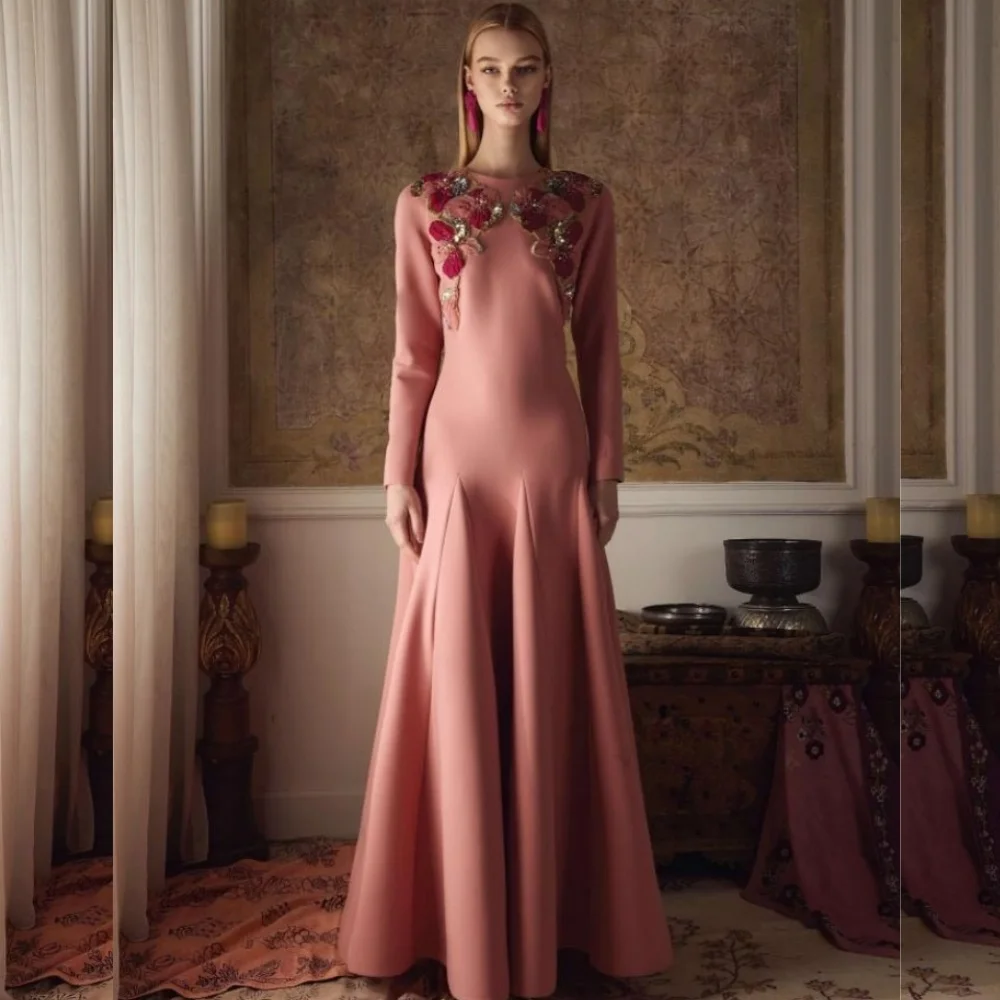 

Индивидуальные длинные платья из джерси высокого качества с блестками и цветами трапециевидной формы с круглым вырезом на заказ, подходящие для случая