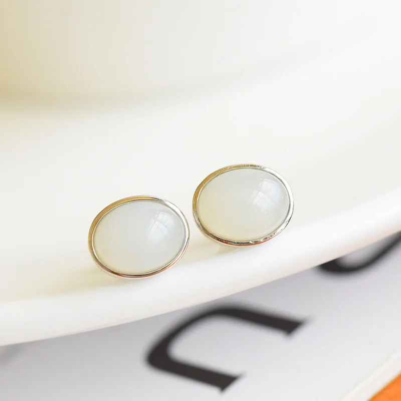 

S925 Серьги-гвоздики из натурального хэтянь, белые серьги из тайского серебра, женские поверхности нефрита