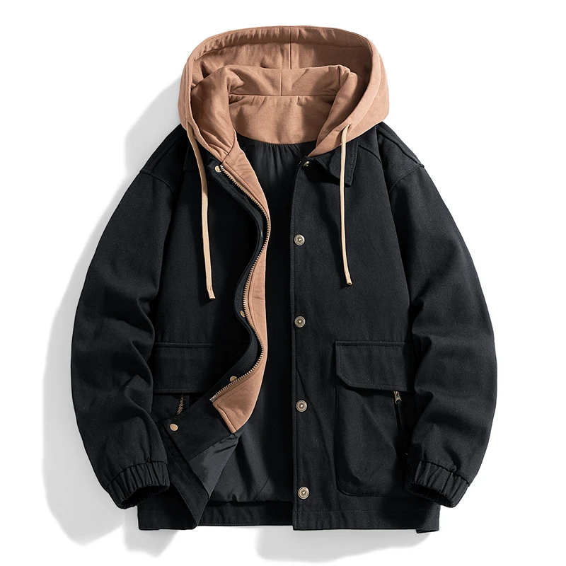 

Мужская демисезонная куртка 2026 года, новая модель, свободный крой, с капюшоном, длинными рукавами, на молнии, ветрозащитная, повседневная, без внутренних карманов, хлопок.