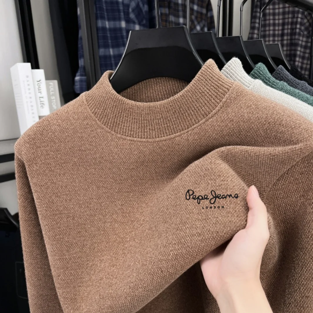 Fashion designer brand's new velvet warm high neck sweater for men's winter best-selling letter embroidered solid color pullover