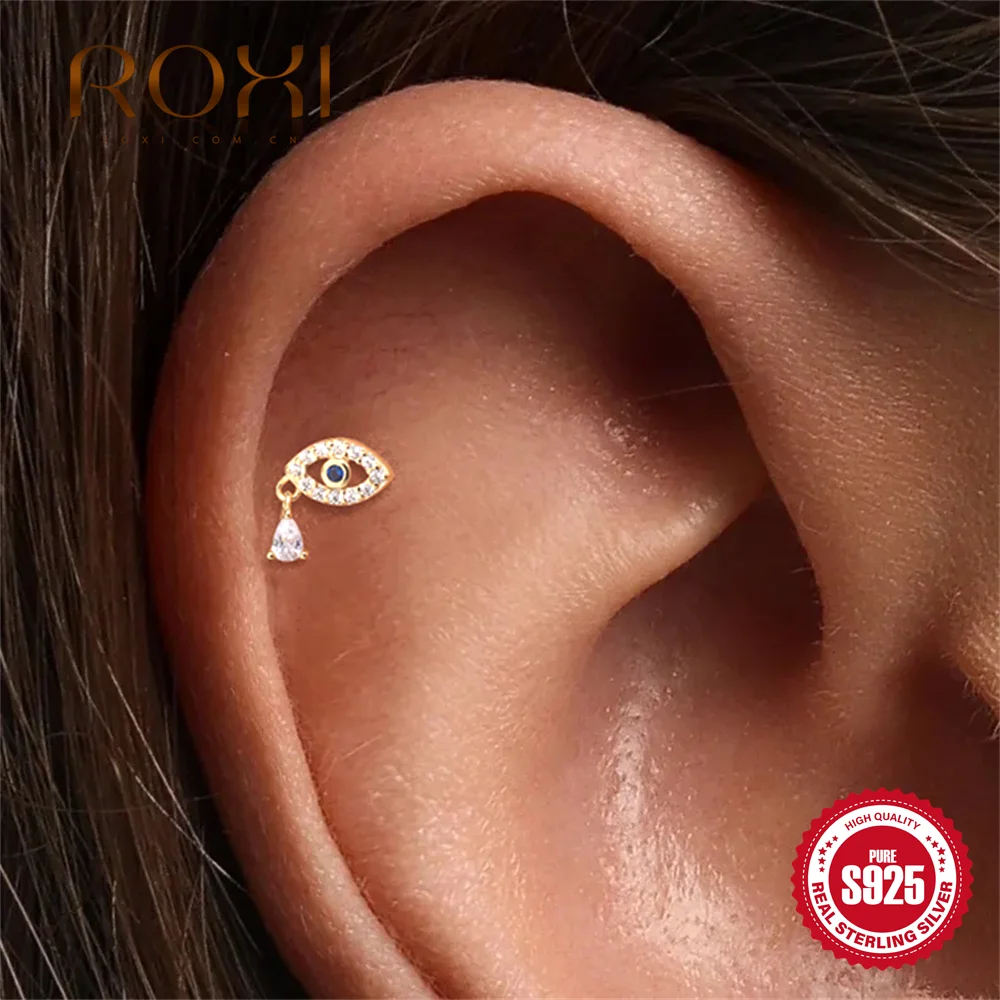 ROXI 925 Sterling Silver Devil's Eye WaterDrop Tassel for Women 16G Cartilage Helix Flat Back Piercing Hypoallergenic Earrings