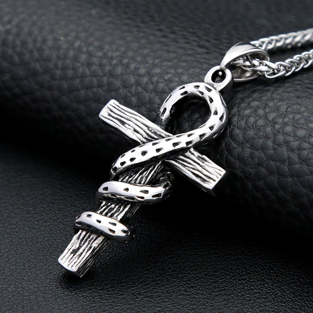 Vintage Punk Snake Cross Pendant Stainless Steel Anka Necklace For Men Women Fashion Unique Amulet Jewelry Gifts Dropshipping