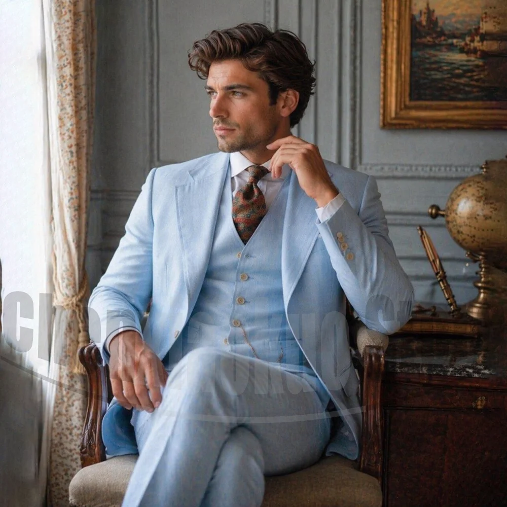 Elegant Men Linen Suit 3 Piece Notched Lapel Jacket Vest And Trousers for Summer Office Casual Daily Wedding Party Tuxedo