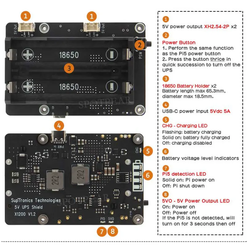 Placa de expansión UPS Raspberry Pi 5, fuente de alimentación ininterrumpida 5V 5A para batería 18650-Li (no incluida)