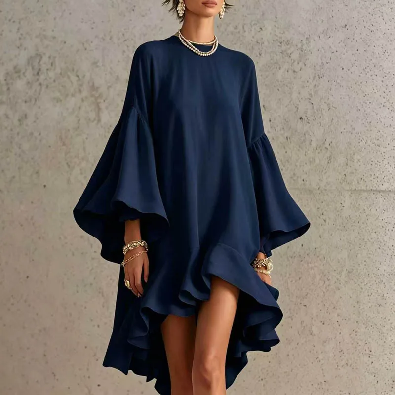 Vintage Oversized Bell Sleeve Dress Women O Neck Irregular Ruffle Hem Solid A-Line Short Dress Elegant Resort Prom Guest Dresses