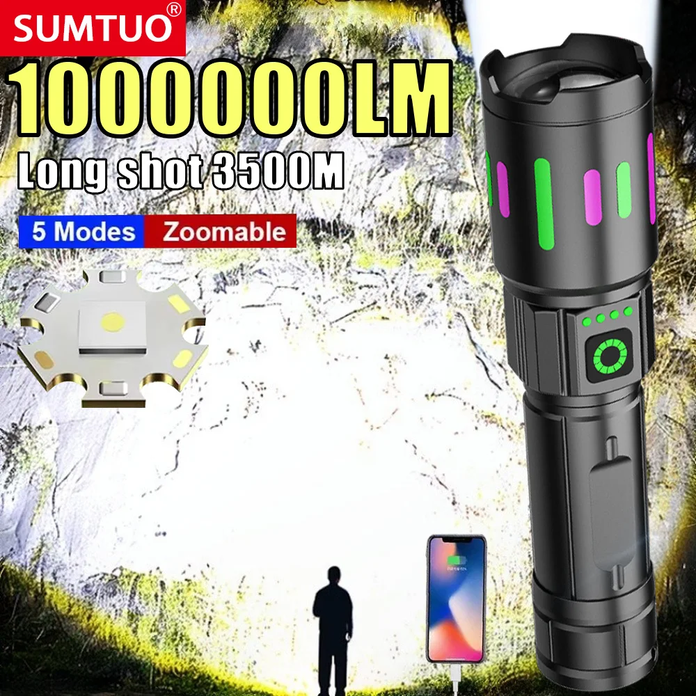 

1000000LM High Power White Laser LED Flashlight 26650 Battery USB Rechargeable Strong Light Tactical Torch Outdoor Camping Lamp