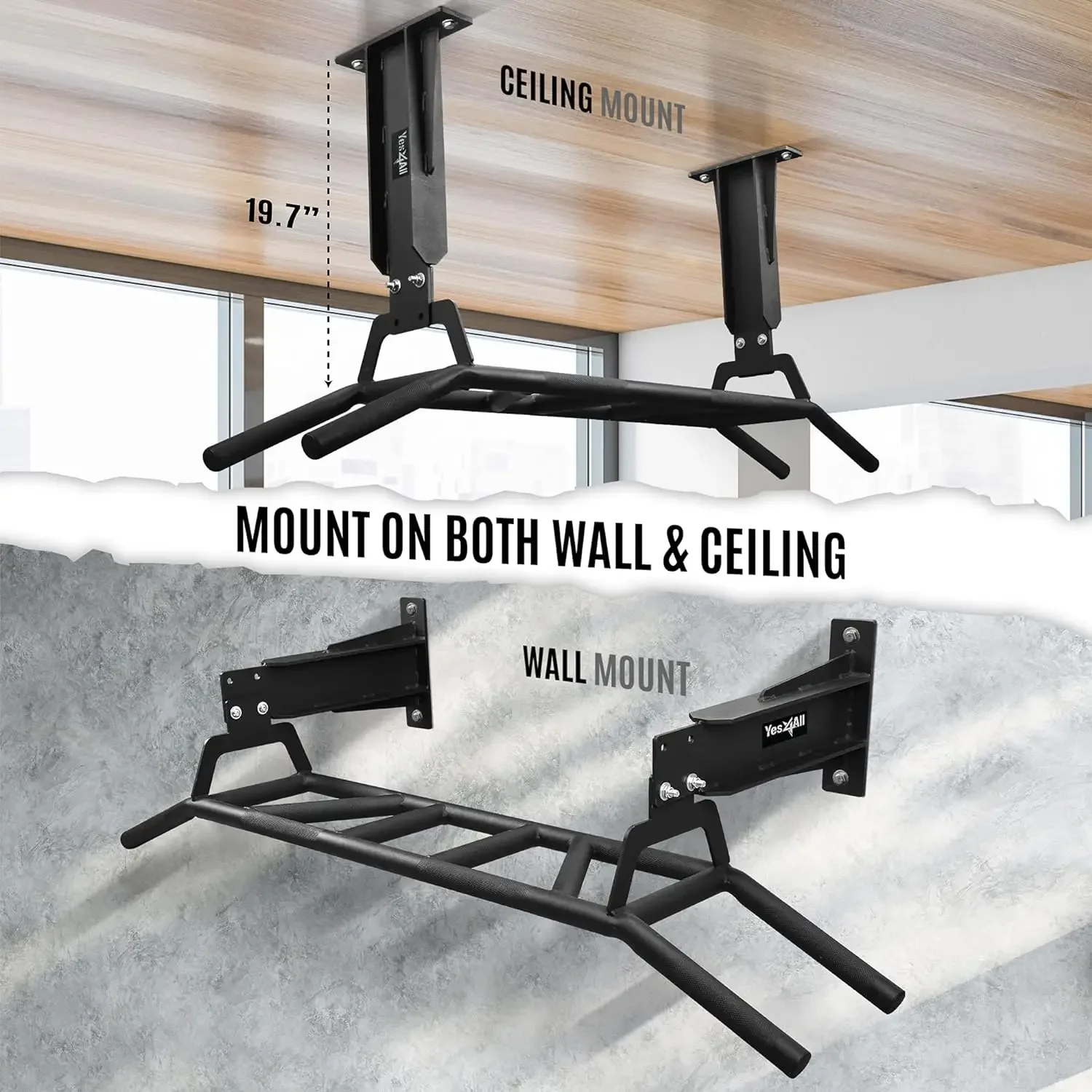 Heavy Duty Wall Mounted Pull Up Bar – Multi-Grip Ceiling Strength/ Joist Mount/ Chin-Up Bar for Home Gym Portable