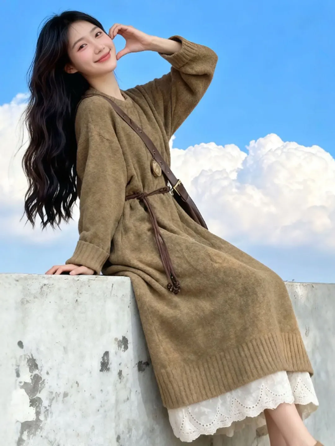 

Retro Lazy Style Loose Knitted Sweater Dress Trending Spring 2026 Fashionable Maxi Dress Comfortable Polyester Fiber Long Sleeve