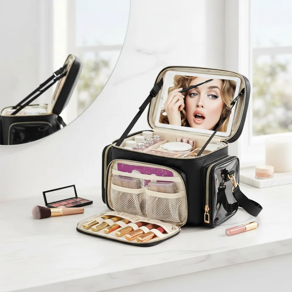 Large LED Mirror Makeup Bag with 3 Color Lights, Travel Cosmetic Organizer with Brush Compartment & Side Pockets - Leather Black
