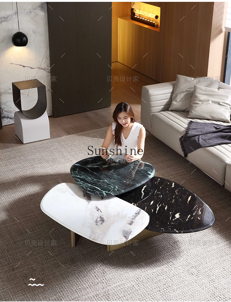 High-grade special-shaped marble coffee table color matching stainless steel high and low coffee table combination