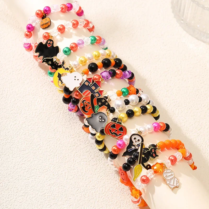 

2 Pieces of New European and American Halloween Handmade Beaded Hand Decoration Pumpkin Ghost Festival Orange Bracelet