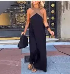 Summer New Fashion Color Blocked Cross Shoulder Strap Women Dress Elegant Female Banquet Party