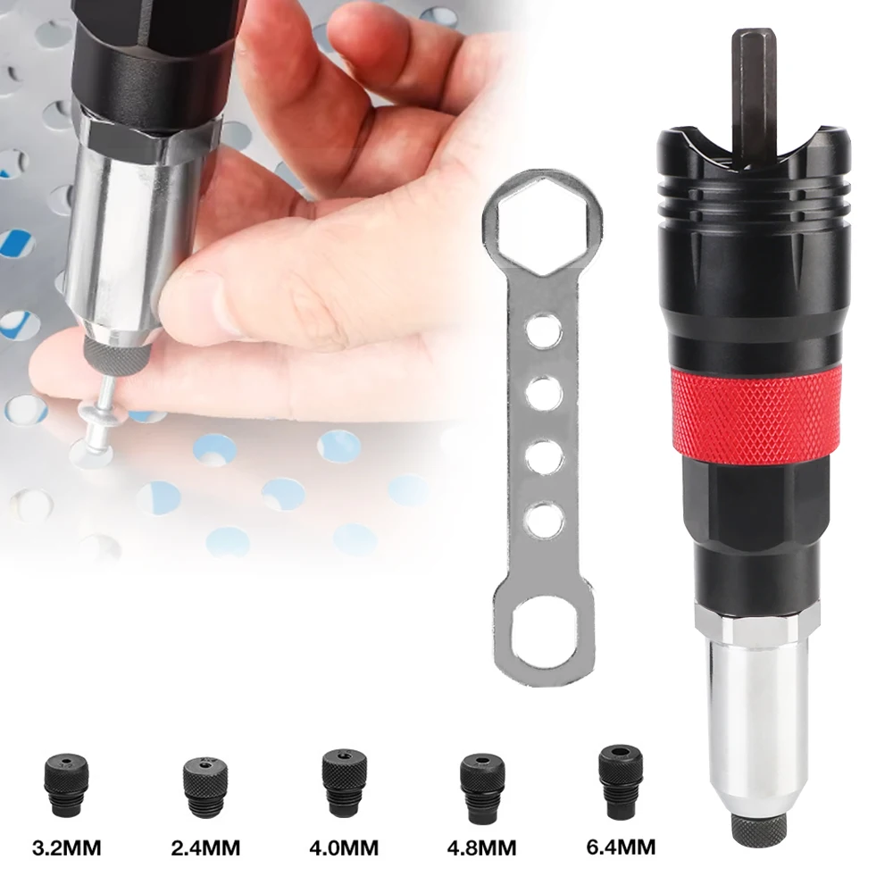 Electric Rivet Nut Tool Insert Nut Riveting Tool Home Cordless 2.4MM/3.2MM/4.0MM/4.8MM/6.4MM Adapter Kit Rivet Nut Gun Converter