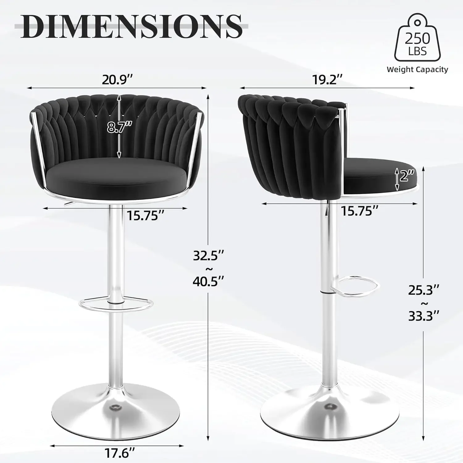 [Limited Stock, Buy Now!]Silver Bar Stool Set of 6, Velvet Swivel Barstools, Height Adjustable Counter Stools with Woven Backres