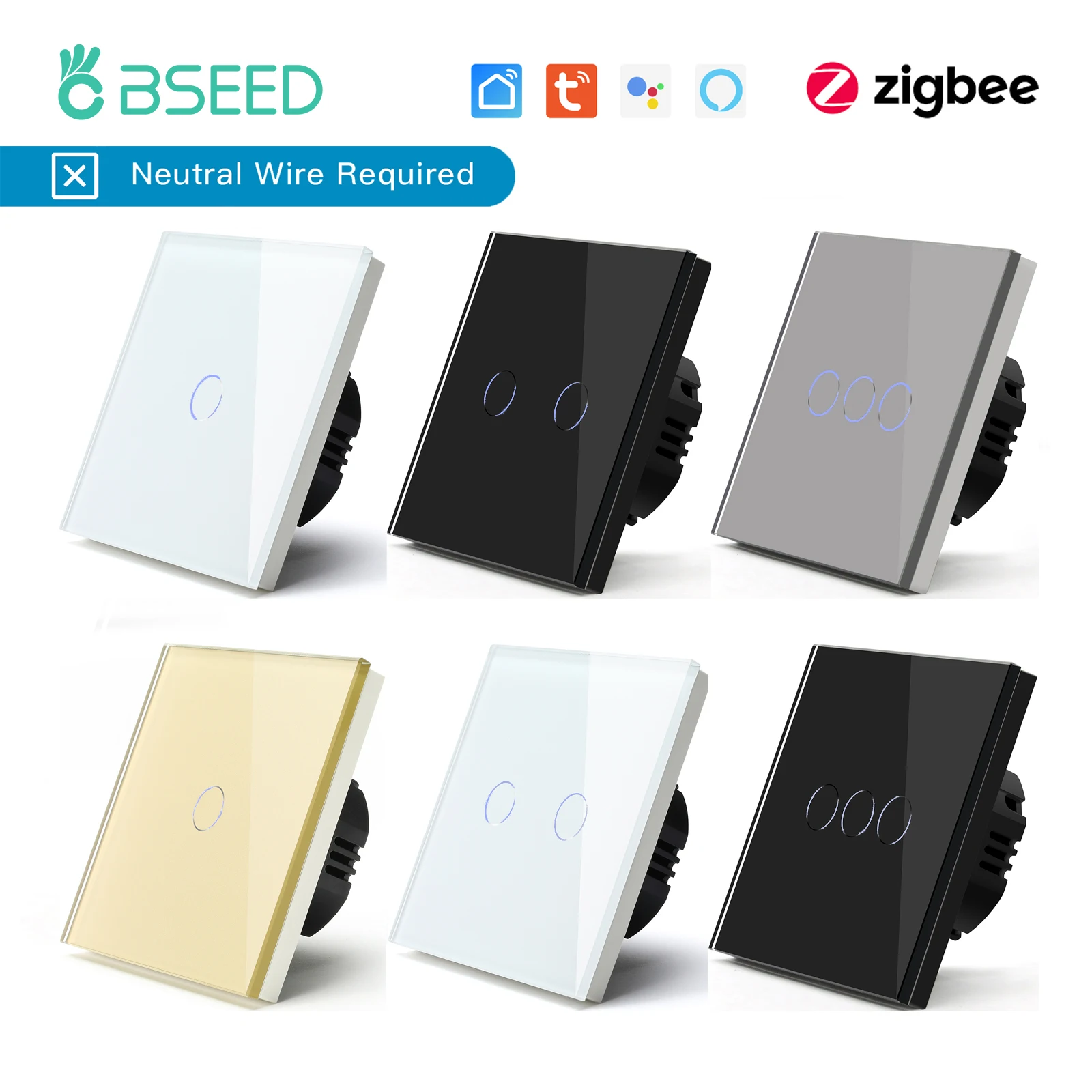 BSEED Zigbee Smart Light Switch 1/2/3Gang Wall Touch Switch Smart Life Google Alexa Tuya App Control No Neutral Wire Required