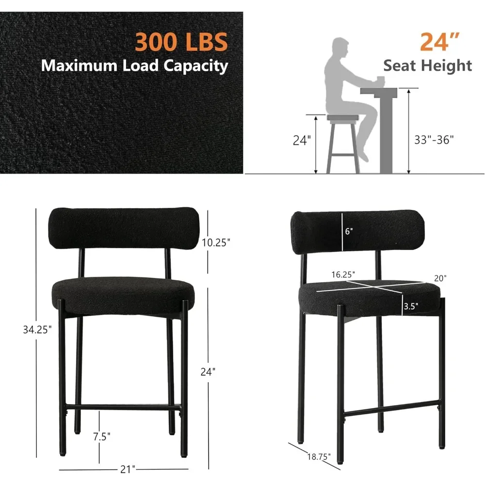 24\'\' Boucle Counter Stools Set of 4, Black Bar Stools with Backs, Counter Height Bar Stools for Kitchen Island/Kitchen Counter