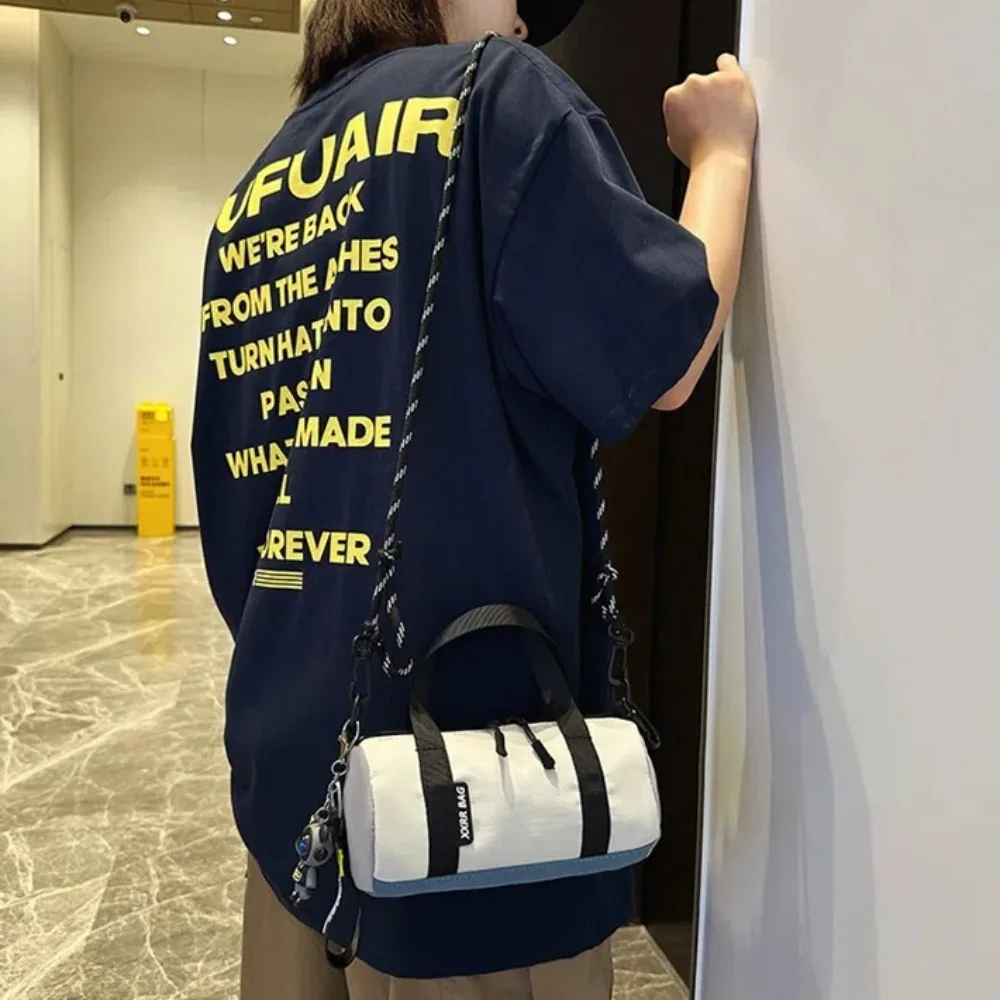 

Thin Strap Men Cylindrical Bag Lightweight Breathable Small Nylon Handbag Japanese Style Portable Simple Shoulder Bag Trave