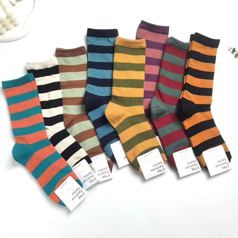 8 Pairs Striped Mid-Calf Socks Women Japanese Style Simple Casual Fall Winter Women's Socks Set Cotton Warm Socks High Quality